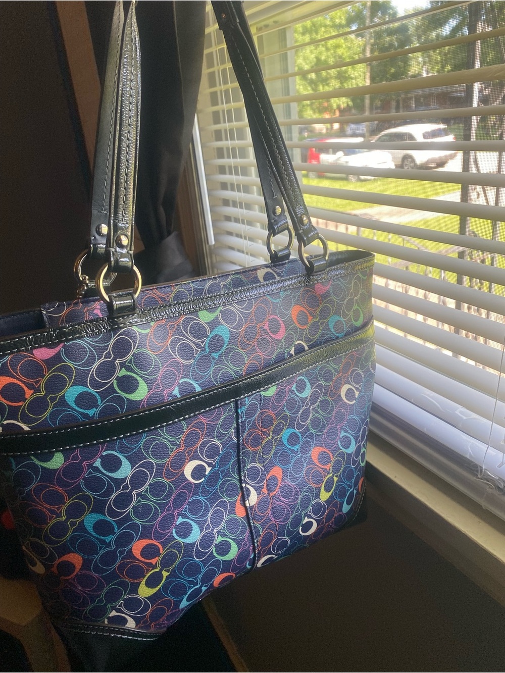 Coach Leather Navy Multicolor Signature Stripe Tote - Picture 4 of 6